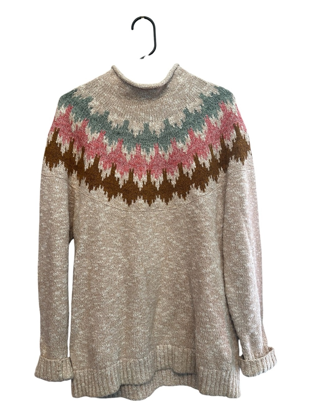 Vintage L.L. Bean Fair Isle Turtleneck Sweater with Pink, Green & Brown Medium